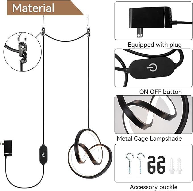 3000~6000K Plug in Pendant Light Fixtures, Touch Switch Hanging Lamp Plug in Modern Pendant Lamp, Black Hanging Light for Kitchen Island, Bedroom, Dining Room, Living Room,1 Pack
