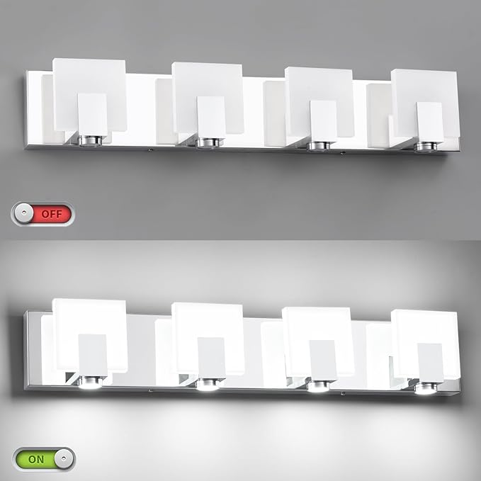 SOLFART Bathroom Light Fixtures Over Mirror Chrome Dimmable LED Vanity Lights 4 Lights Stainless Steel Acrylic Shade