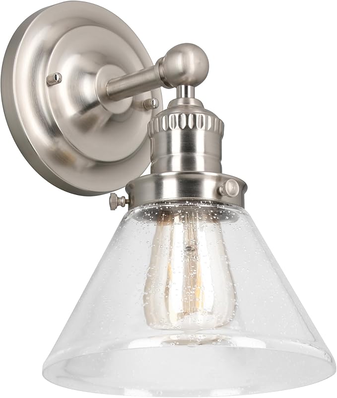 Design House Augustin Wall Sconce, 1-Light, Seeded Glass Warm Glow, Dimmable, Up/Down Glow, Easy Installation, E26 Socket, Satin Nickel, 7.9 in L x 8.5 in D x 11.1 in H, 589028-SN