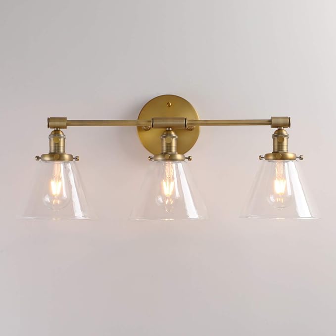 Permo Vintage Industrial Antique Three-Light Wall Sconces with Funnel Flared Clear Glass Shade (Antique)
