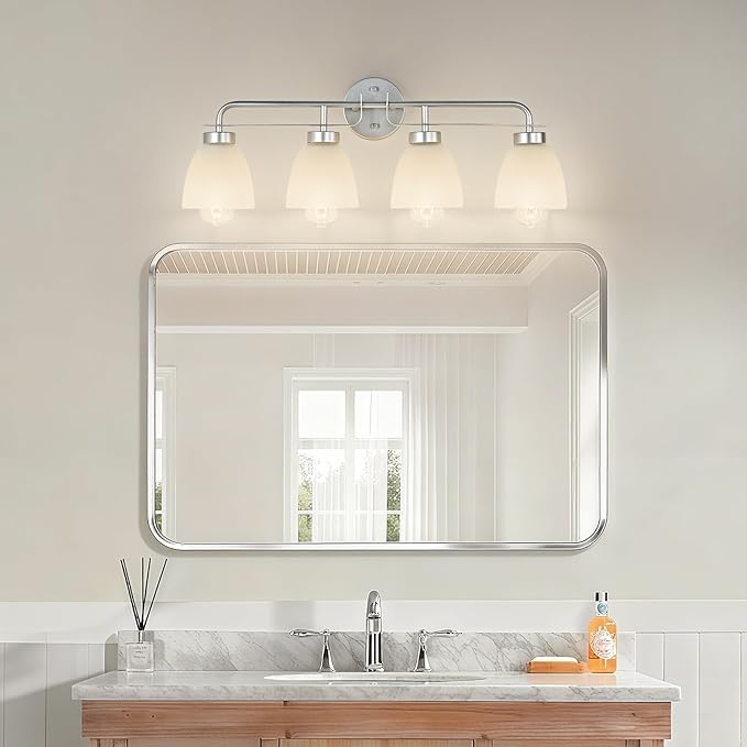 28 Inch Mid-Century Modern Vanity Lights, 4-Light Silver Bathroom Light Fixture with Frosted White Bell Shades, Industrial Wall Sconce for Mirror Over Vanity, Bedroom, Hallway