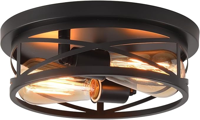 Black Flush Mount Ceiling Light,Hallway Light Ceiling Mount,Industrial Vintage Metal Cage Close to Ceiling Lights for Kitchen,Farmhouse,Bedroom