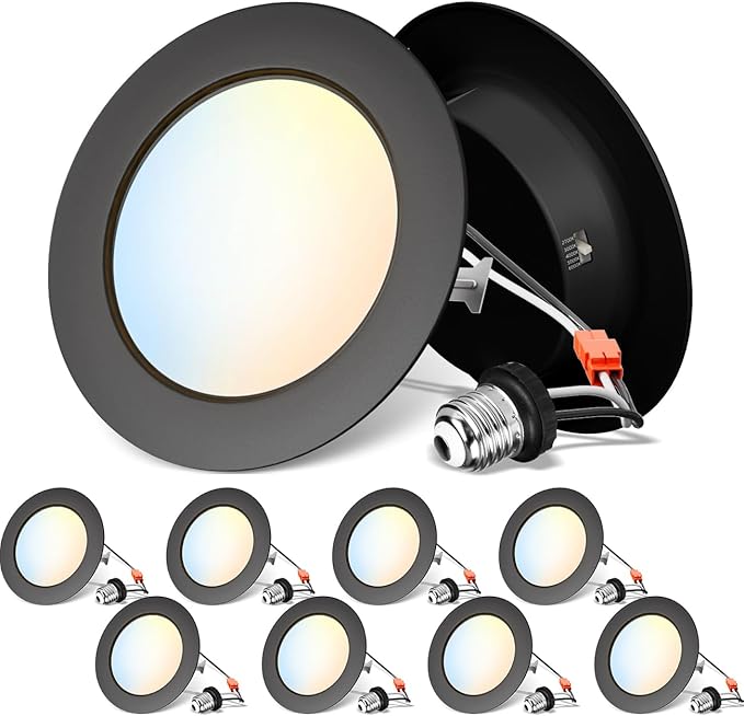 ANWIO Recessed Lighting 4 Inch Black, 5CCT 6W 700LM Flat Retrofit LED Recessed Lights Can Needs, 2700/3000/4000/5000/6000K Selectable Can Lights CRI 80+ Dimmable E26 Base IC Rated & ETL 8 Pack