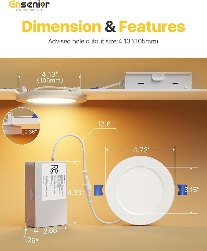 Ensenior 24 Pack 4 Inch LED Recessed Ceiling Light with Night Light, Dimmable, 2700K-5000K 5CCT, 750LM 9W 120V, High Brightness Canless Wafer Downlight - ETL&FCC&IC