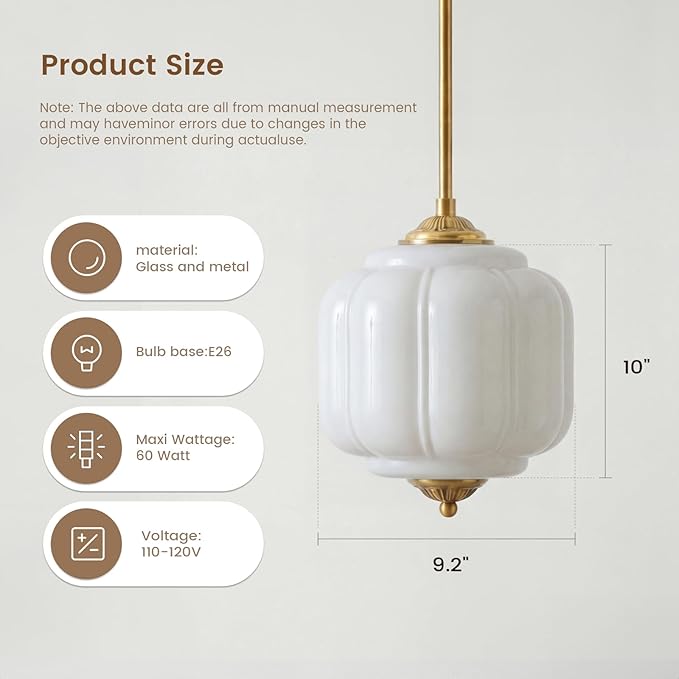 Milk Glass Ceiling Light Fixture - Antique Brass Semi Flush Mount Pendant Light for Kitchen, Hallway, and Bedroom (White, 9 inch)