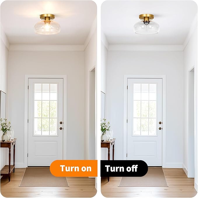 Modern Gold Semi Flush Mount Ceiling Light - Small Seeded Glass Shade for Even Illumination, 8 Inch Diameter Semi Flush Design Ideal for Low Ceilings in Hallways & Kitchens
