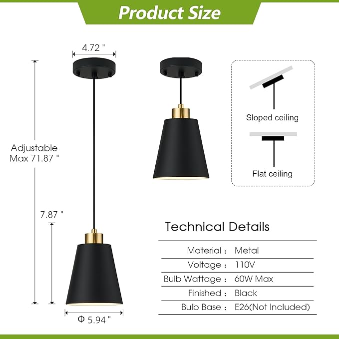 3-Pack Matte Black Pendant Lights Metal Cone Kitchen Island Pendant Lighting with Gold Modern Hollow Shade Hanging Light Fixture for Dining Room Bar Hallway 63" Adjustable Cord