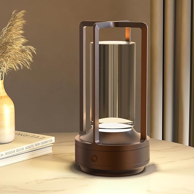 Cordless Portable Table Lamp Rechargeable for Indoor/Outdoor, 3000mAh Small Battery Powered Operated Lights, 3 Color Modes Dimmable Waterproof, LED Desk Lamp for Restaurant/Bedroom/Camping (Brown)