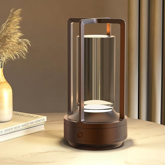 Cordless Portable Table Lamp Rechargeable for Indoor/Outdoor, 3000mAh Small Battery Powered Operated Lights, 3 Color Modes Dimmable Waterproof, LED Desk Lamp for Restaurant/Bedroom/Camping (Brown)