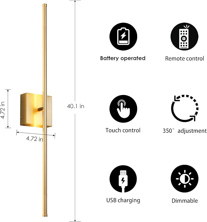 KARTOOSH Battery Operated Wall Sconces with Remote Control, Dimmable Wall Sconces Set of Two, 350°Rotate, 3000K LED Gold Wireless Wall Light for Living Room, Hallway, Bedroom, 40.1 Inch (2 Pack)