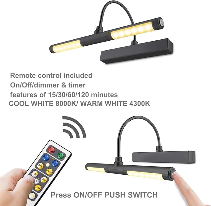 LUXSWAY Wireless Picture Light Battery Operated, Remote Control Painting Light with Rotatable Head, Dimmable and Timer Off, Wall Art Lights for Pictures Painting Artworking Display-Black