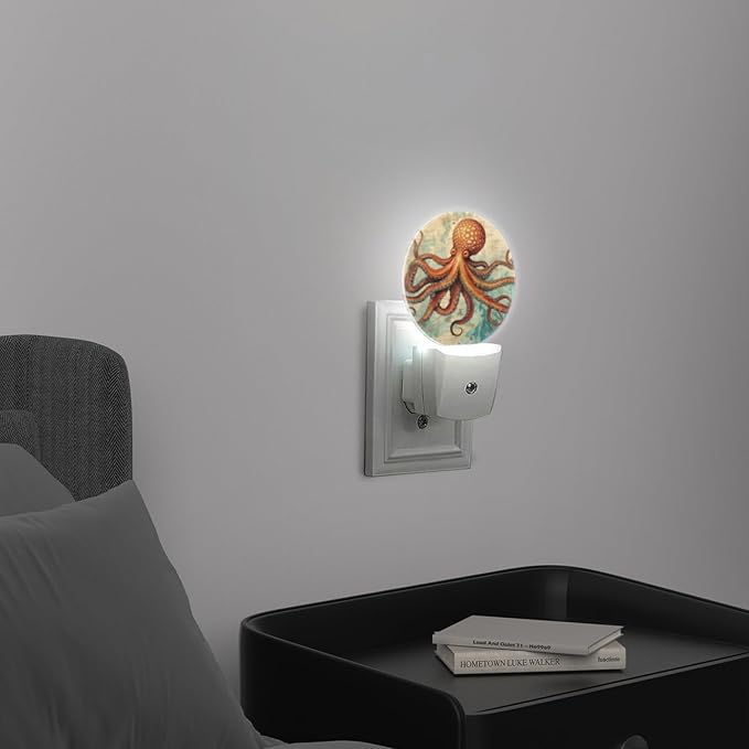 Round LED Night Lights Lamp with Dusk to Dawn Sensor, Vintage-Style Illustration of Octopus Night Light Plug Into Wall for Kids Room, Bedroom, Bathroom, Kitchen, Hallway