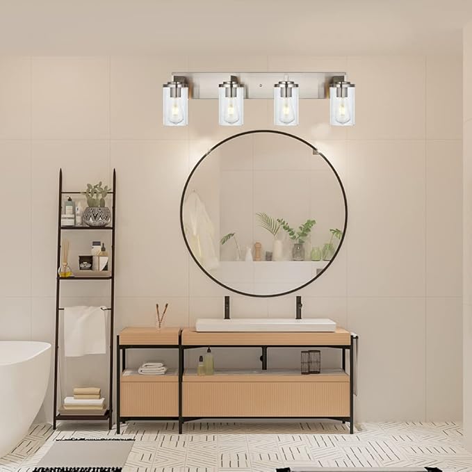 BONLICHT 4-Light Bathroom Light Fixtures Brushed Nickel Wall Sconce Lighting Modern Vanity Lights with Seeded Glass, Industrial Bathroom Farmhouse Wall Lamp for Mirror Kitchen Bedroom Living Room