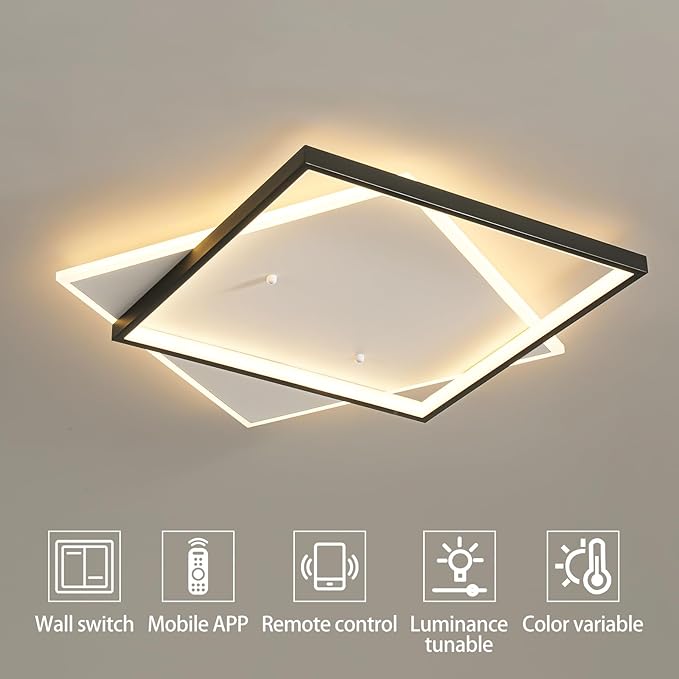 Black Modern LED Bedroom Ceiling Light Dimmable Flush Mount Ceiling Light Fixture 22" Square Ceiling Lamp with Remote Control Kitchen Lighting Fixture Ceiling,Suitable for Bedroom,Hallways