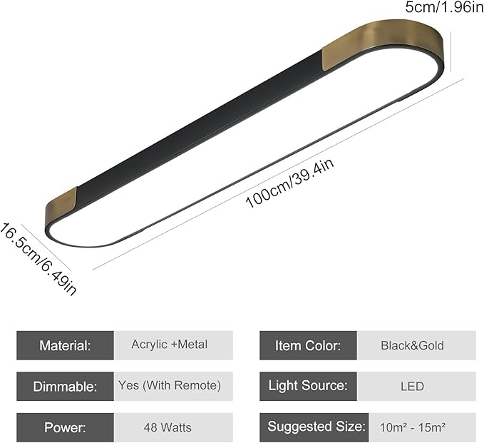 Qcyuui Kitchen Lighting Fixtures Ceiling,39.4 Inch Dimmable Modern Led Ceiling Light,Black and Gold Long Linear Ceiling Light Fixture for Office Bedroom Kitchen Hallway,(48W/3000-6500K)