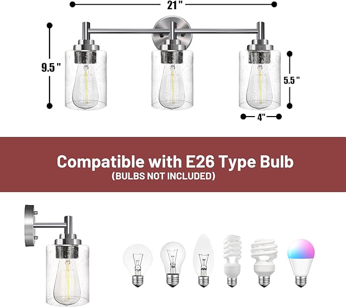 3-Light Bathroom Lighting Fixtures Over Mirror, Brushed Nickel Vanity Lights with Clear Glass Shade. Modern Bathroom Vanity Light for Mirror Kitchen, Living Room, Gallery, Hallway