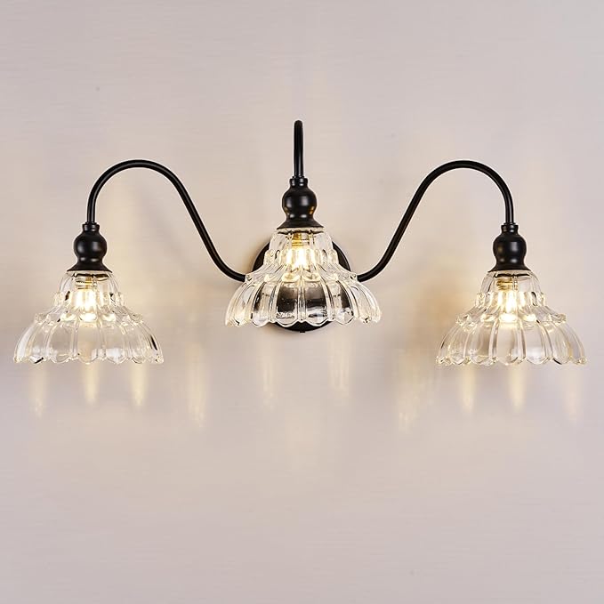 Vintage Bathroom Vanity Light Fixtures Antique 3-Light Black Vanity Lights Crystal Glass Shades Bathroom Lighting for Mirror Bedroom