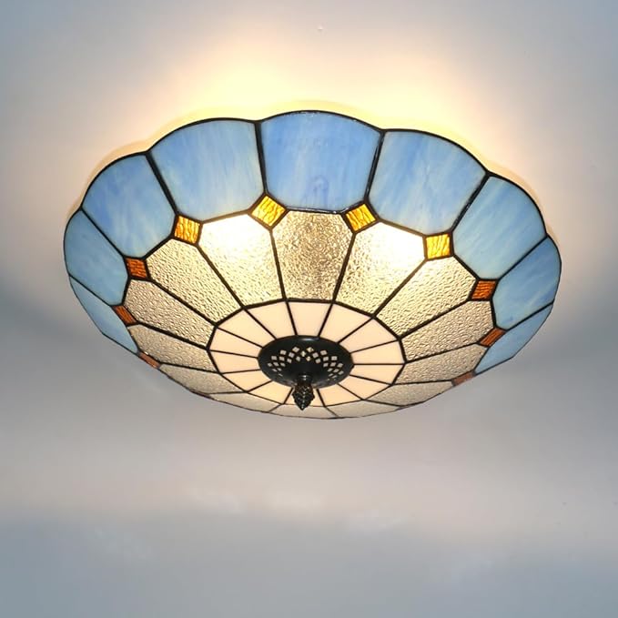 Tiffany Style Ceiling Light 16 Inch 3-Lights Stained Glass Flush Mount Ceiling Light for Bedroom Dining Room Living Room