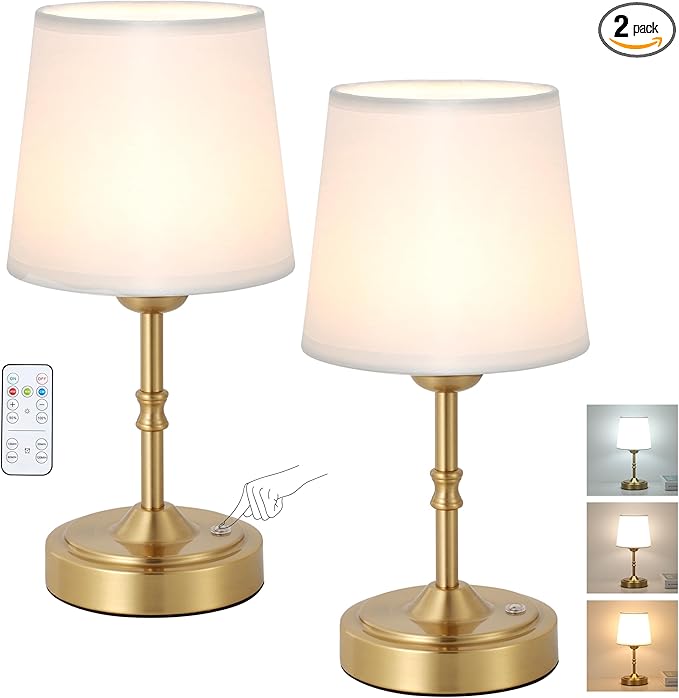 Vintage Gold Cordless Table Lamp with Remote and Touch Control, Wireless Small Led Battery Powered Rechargeable Portable Table Light, Dimmable 3 Color Mini Desk Lamp for Home Patio, 2Pack