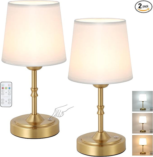Vintage Gold Cordless Table Lamp with Remote and Touch Control, Wireless Small Led Battery Powered Rechargeable Portable Table Light, Dimmable 3 Color Mini Desk Lamp for Home Patio, 2Pack