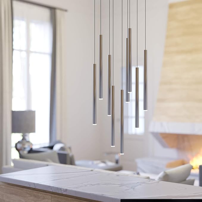 CANALIS 9 Mini Pendant Lighting Nickel - LED Hanging Light Fixture for Kitchen Island, Bar, Foyer - Cluster Pendants - Dimmable, Adjustable Wire, Lamp Bulb Included