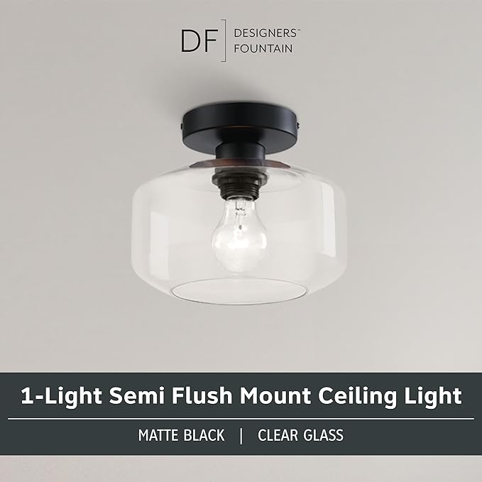 Designers Fountain Semi Flush Mount Ceiling Light, 8.75 Inch Clear Glass Lighting Fixture for Kitchen, Bedroom, Bathroom, and Hallway, Matte Black, D335M-SF-MB