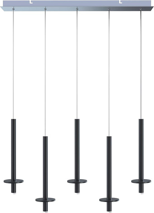 Draco 5 Pendant Lighting Black – LED Hanging Light Fixture for Kitchen Island, Bar, Foyer – Equilateral Cluster of Mini Metal Rod Pipe Tube Cylinders – Dimmable, Adjustable Wire, Lamp Bulb Included