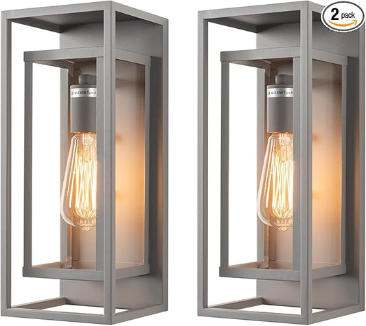 mirrea 14" Classic Outdoor Wall Sconce 1 Light in Rectangular Metal Frame and Clear Glass Shade Waterproof Porch Light Patio Light Pack of 2 (Matte Gray)