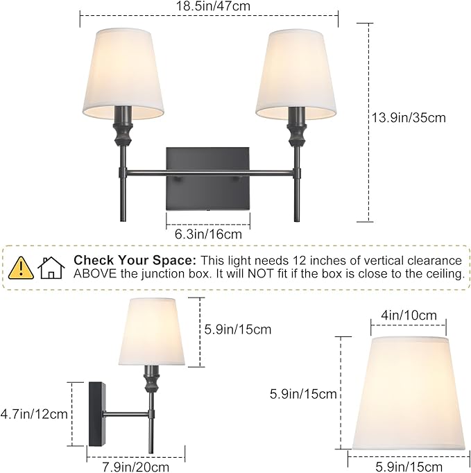 Bathroom Vanity Light,Vintage Bathroom Lighting Fixture Over Mirror,2-Light Black Vanity Light,Double Wall Sconce With Flared White Fabric Lampshade For Bedroom,Living Room,Hardwired, E12 Base