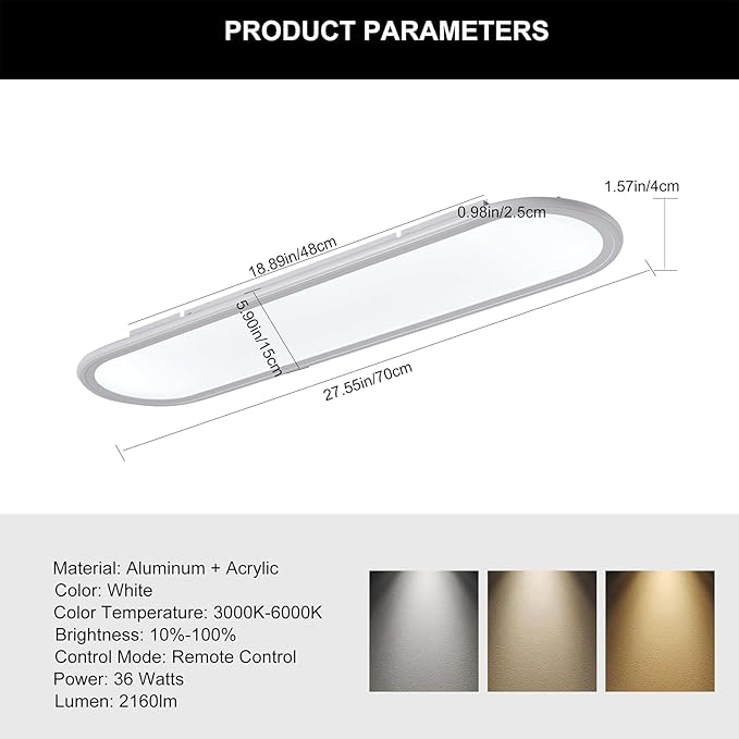 Ganeed 27.6 Inch LED Ceiling Light, High Brightness Linear Ceiling Lamps, 36W Dimmable Modern Ultra Thin Low Profile Light Fixture for Bedroom Kitchen Study Room Hallway, White
