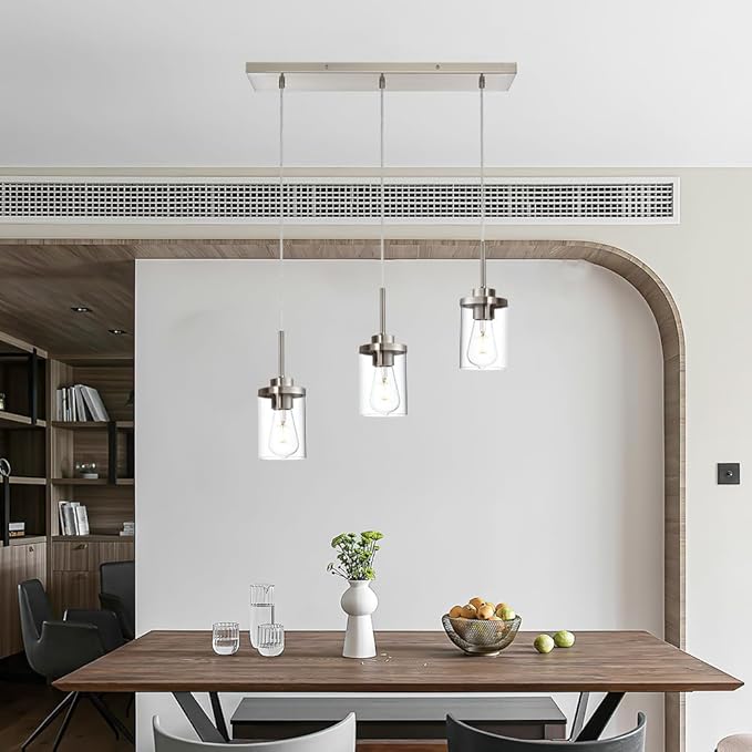 Pendant Lights Fixtures with Clear Glass Shade Brushed Nickel Island Light fixtures 3-Lights Hanging Lighting for Kitchen Island Dining Room