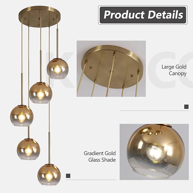 KCO Lighting 5 Light Cluster Pendant Lighting Gold Glass Pendant Light Mid Century Modern Dining Room Light Fixture Small Globe Cluster Chandelier Light Fixture