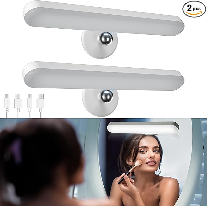 Benreom 2 Pack Wireless Vanity Lights for Mirror, Rechargeable Battery Operated Makeup Light, Adjustable Color Brightness & Angle Light Bar, Magnetic Stick on LED Lighting Bathroom Decor Accessories