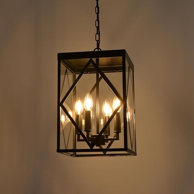 Outdoor Pendant Light 4 Lights Modern Outside Chandelier Outdoor Hanging Lantern Light with Clear Glass, Matte Black Exterior Pendant Lighting Fixture for Porch, Yard, Gazebo