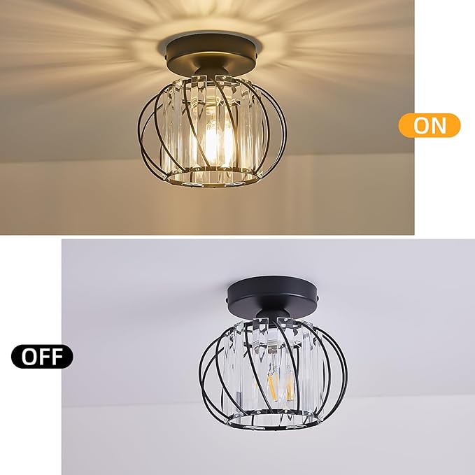 Semi Flush Mount Crystal Ceiling Light Pack of 2, Metal Cage Hallway Ceiling Lamps, Farmhouse Ceiling Light Fixture, Industrial Crystal Chandelier for Corridor Bathroom Kitchen (Black, 7.5 Inch)