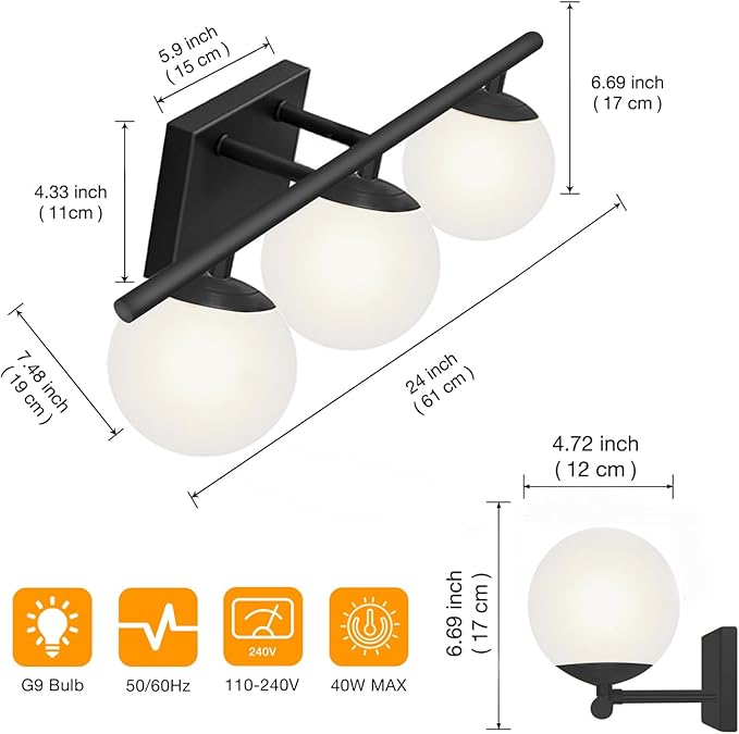 New Bathroom Vanity Light Fixtures Brushed Bronze Milk White Globe Glass Shade Modern Wall Bar Sconce Over Mirror (Black, 3 light-24inch-G9)