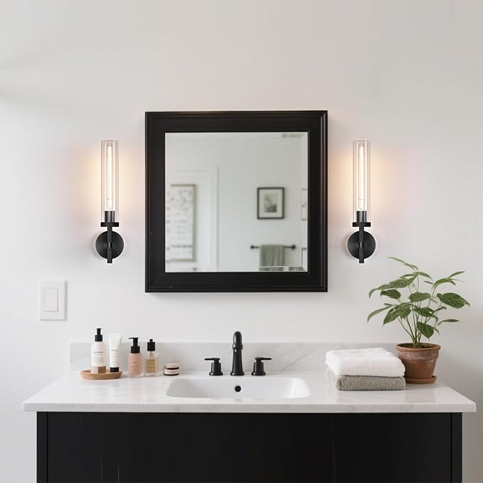 Modern Black Hardwired Wall Sconces, 20'' Knurled Bathroom Wall Sconce, Indoor Wall Sconce,Copper and Glass Vanity Light, for Living,Bedroom, Hallway, Staircases, Include Bulbs