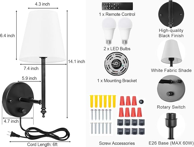 GOODATE 14.1 inch Wall Sconces Set of Two with Remote Control, Dimmable, Adjustable Colors 2700-6500K, Plug in Wall Sconces with White Fabric Shades, Plug in Wall Light, Black