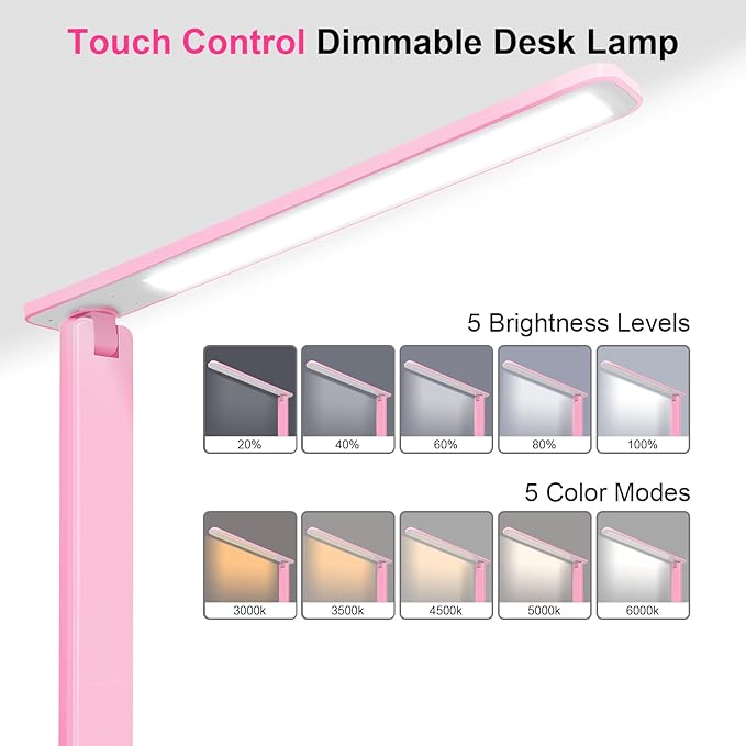 shinelife LED Desk Lamp for Office Home, Bright Desk Light with USB Charging Port, Adjustable Dimmable Desk Lamps 5 Modes 5 Brightness, Touch Study Lamp for Nail, Craft, Puzzle, Sewing, Study, Pink