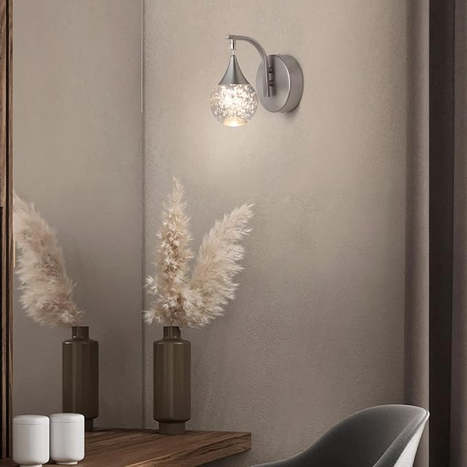 Sedelan LED Crystal Bubble Wall Sconce, 5W Dimmable Modern Wall Light Fixture, 3300K Warm White Indoor Lighting for Bedroom Bedside Living Room Bathroom Hallway, Sand Nickel