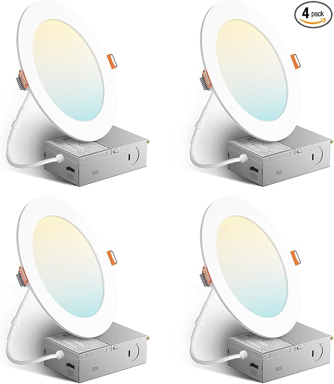 Amico 4 Pack 6 Inch 5CCT Ultra-Thin LED Recessed Ceiling Light with Junction Box, 2700K/3000K/3500K/4000K/5000K Selectable, 1050 Lumens, Dimmable Canless Wafer Downlight, 12W Eqv 110W-ETL&FCC