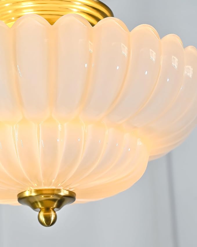 3-Light Vintage Semi Flush Mount Ceiling Light, Milk Glass Flower Shade with Brass Finish, Retro Gold Ceiling Light Fixture for Bedroom Hallway Kitchen Entryway