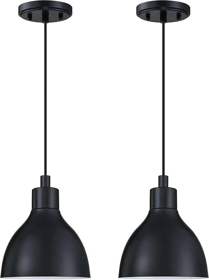 Single Hanging Kitchen Island 6.5" Drum Industrial Metal Pendant Ceiling Light Fixtures for Over Sink,Dining Room,Corridor,Entryway,Hallway 2 Pack Black