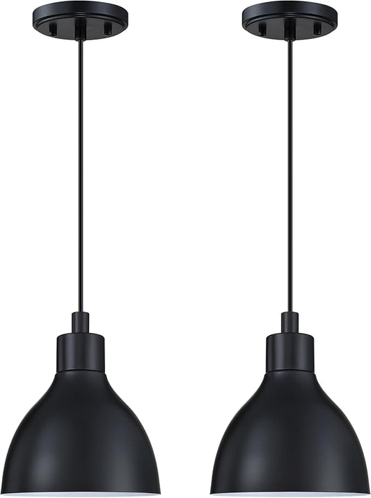Single Hanging Kitchen Island 6.5" Drum Industrial Metal Pendant Ceiling Light Fixtures for Over Sink,Dining Room,Corridor,Entryway,Hallway 2 Pack Black