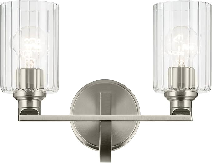 Kichler Gioe 14.25" 2-Light Bathroom Vanity Light Fixture with Clear Fluted Glass in Brushed Nickel, Damp Rated for Bathroom Over Mirror (14.25" W x 10.5" H), 55225NIFLU