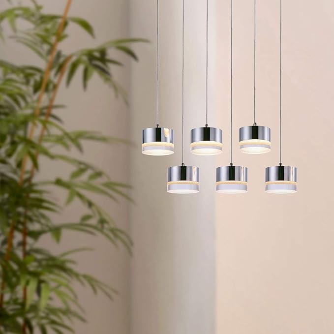 Jupiter 6 Mini Pendant Lighting Nickel - LED Hanging Light Fixture for Kitchen Island, Bar, Foyer - Cluster Pendants - Dimmable, Adjustable Wire, Lamp Bulb Included