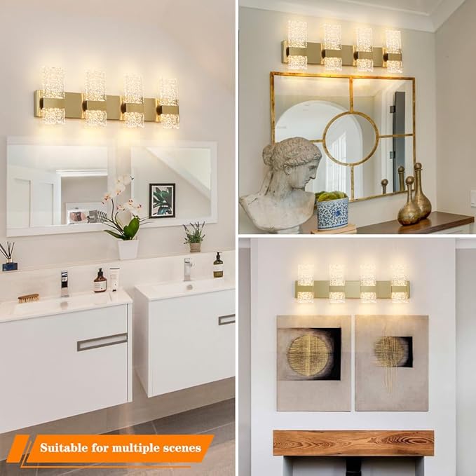 Modern Brushed Gold 8-Lights Bathroom Vanity Light, Eleglant Brass LED Bathroom Light Fixtures over Mirror, Dimmable Acrylic Shade Wall Lighting Fixtures, Hardwired Wall Light(H9.25in, L28.35in)