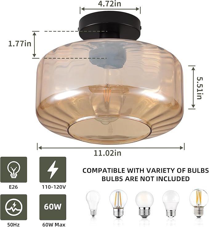 Glass Semi Flush Mount Ceiling Light, Modern Close to Ceiling Light Fixtures with Amber Glass Shade, 11" Round Light Fixtures Ceiling Mount for Bathroom Dining Room Bedroom Living Room Hallway, E26