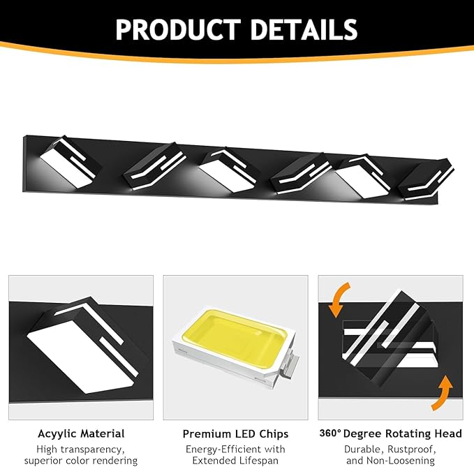 LED Modern Bathroom Vanity Light Fixtures 6-Light 40-inch 5CCT Dimmable Matte Black Vanity Lights for Bathroom Lighting Fixtures Over Mirror, with 360° Rotatable Acrylic Heads