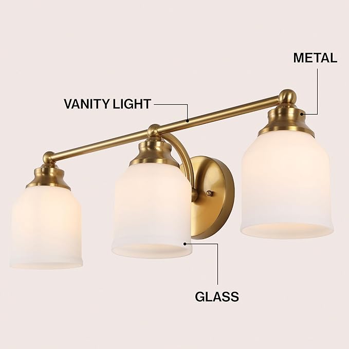 JONATHAN Y 24" Brass Gold/White Modern Farmhouse LED Vanity Light Wall Sconce Fixture, Frosted White Glass Shade, Dimmable Wall Lamp for Bathroom Mirror Kitchen Sink, UL Listed (JYL7551B)
